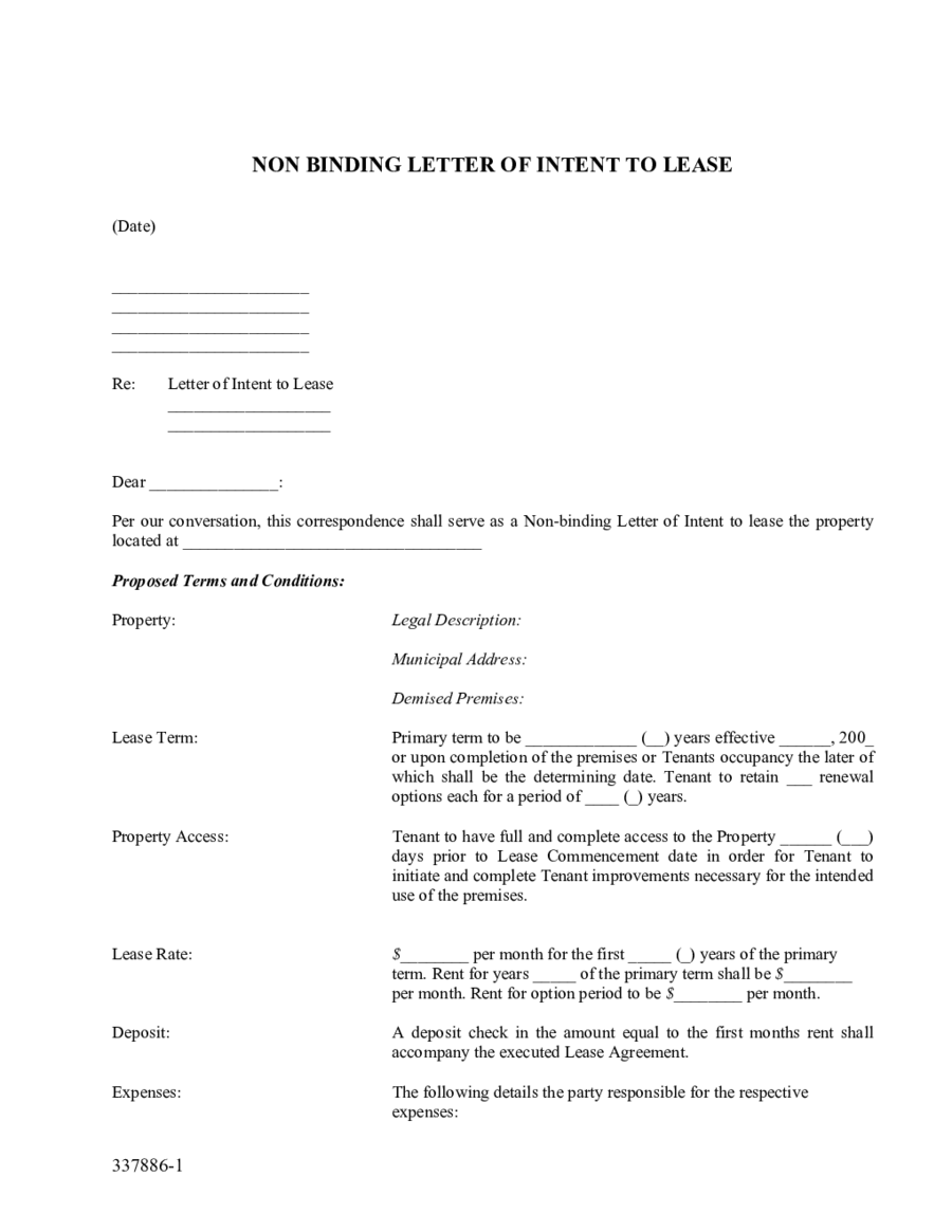 Non Binding Letter Of Intent to Lease